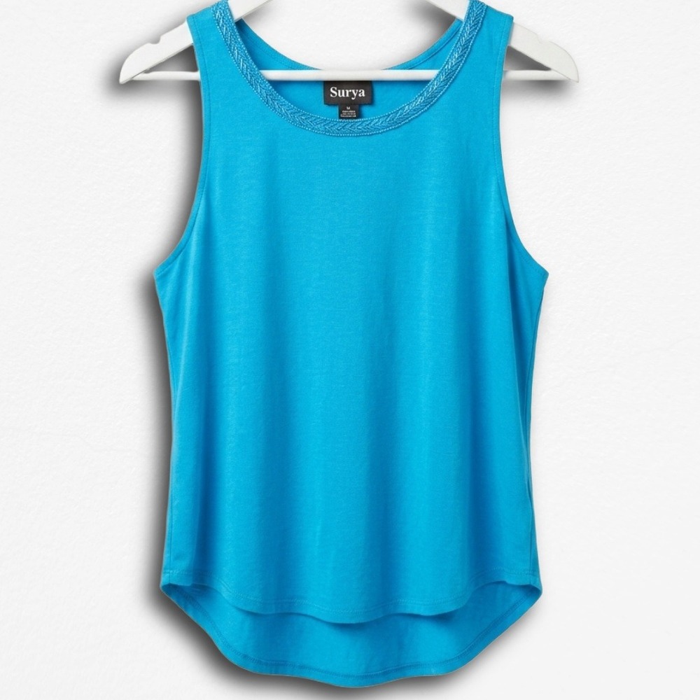 Surya Womens Turquoise Blue Knit Tank Top Braided Neckline High Low Hem Medium - Picture 1 of 3